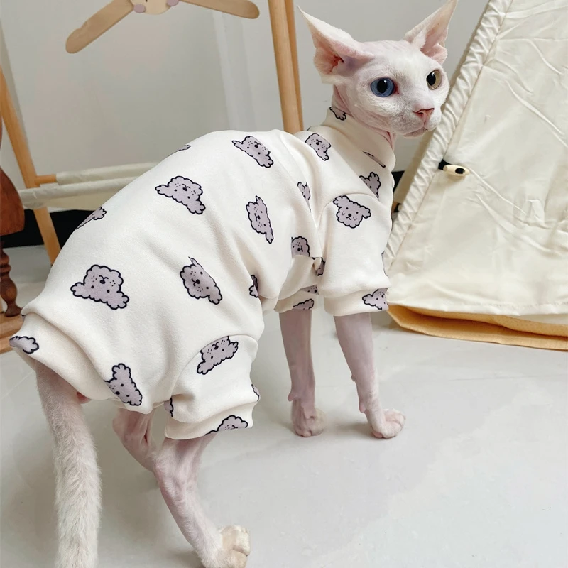 Soft White 4-legged Jumpsuit for Sphynx Cat Spring Autumn Cartoon Animal Sweatshirt for Kittens Dogs Winter Coat For Devon Rex