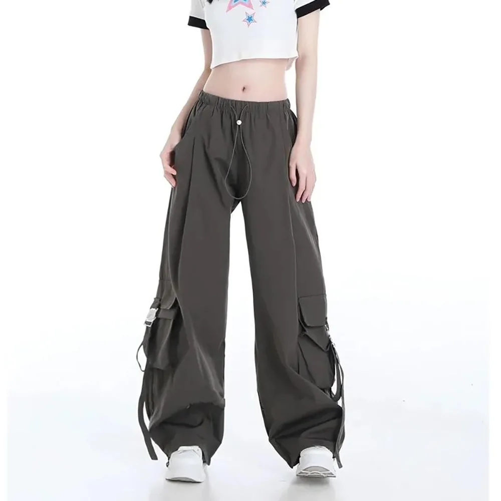 American Retro Wide-leg Charge Pants Pocket Straight Gray 2024 Summer New Loose Joker Fashion Overalls Female Tide