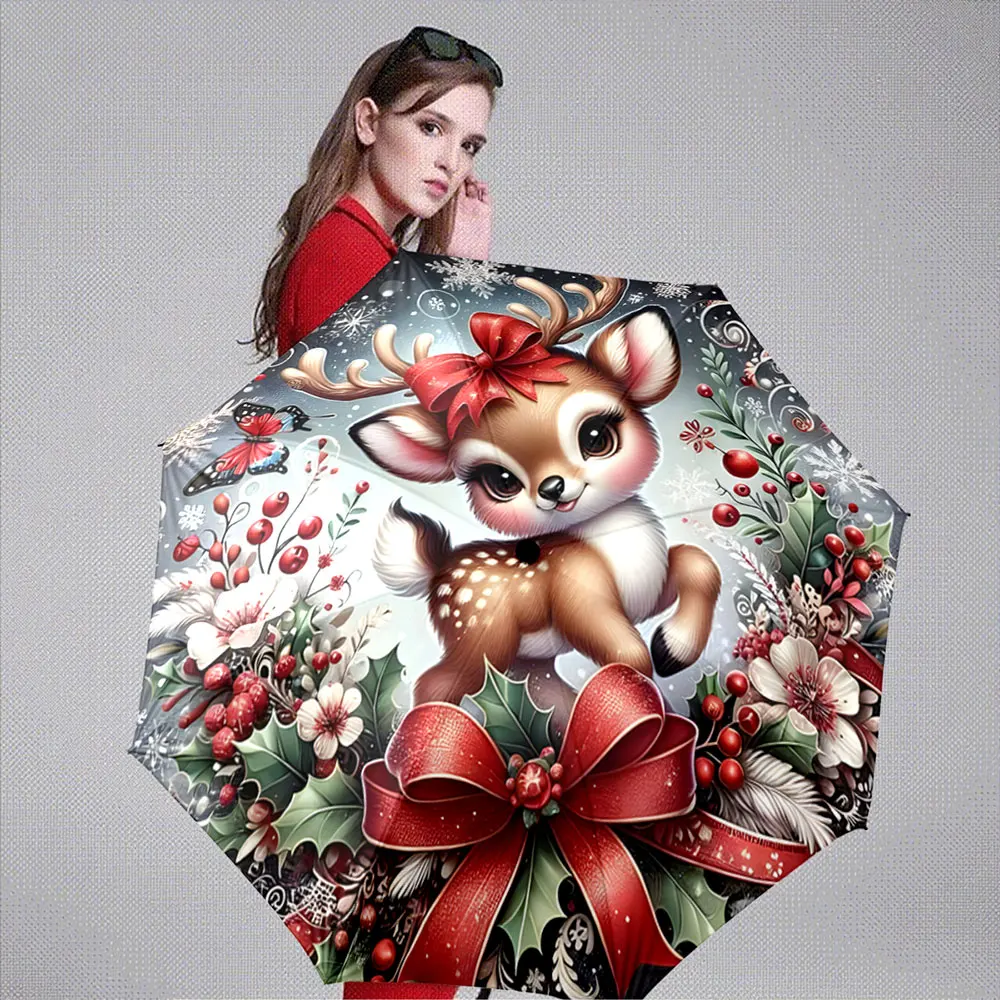 Cute Fawn with Red Bow Christmas Wreath Snowflake Design portable waterproof sun rain umbrella for outdoor travel beach
