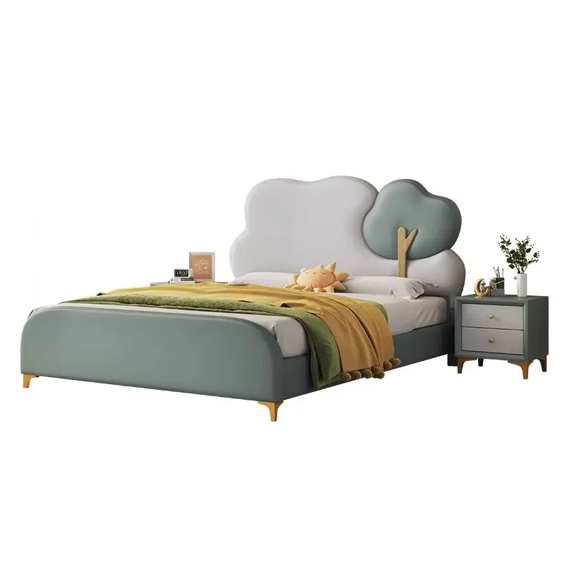 *Modern Forest Theme Cloud Tree Kids Bed with Gas Lift Storage Cute PU Leather Upholstered Bed for Girls Boys