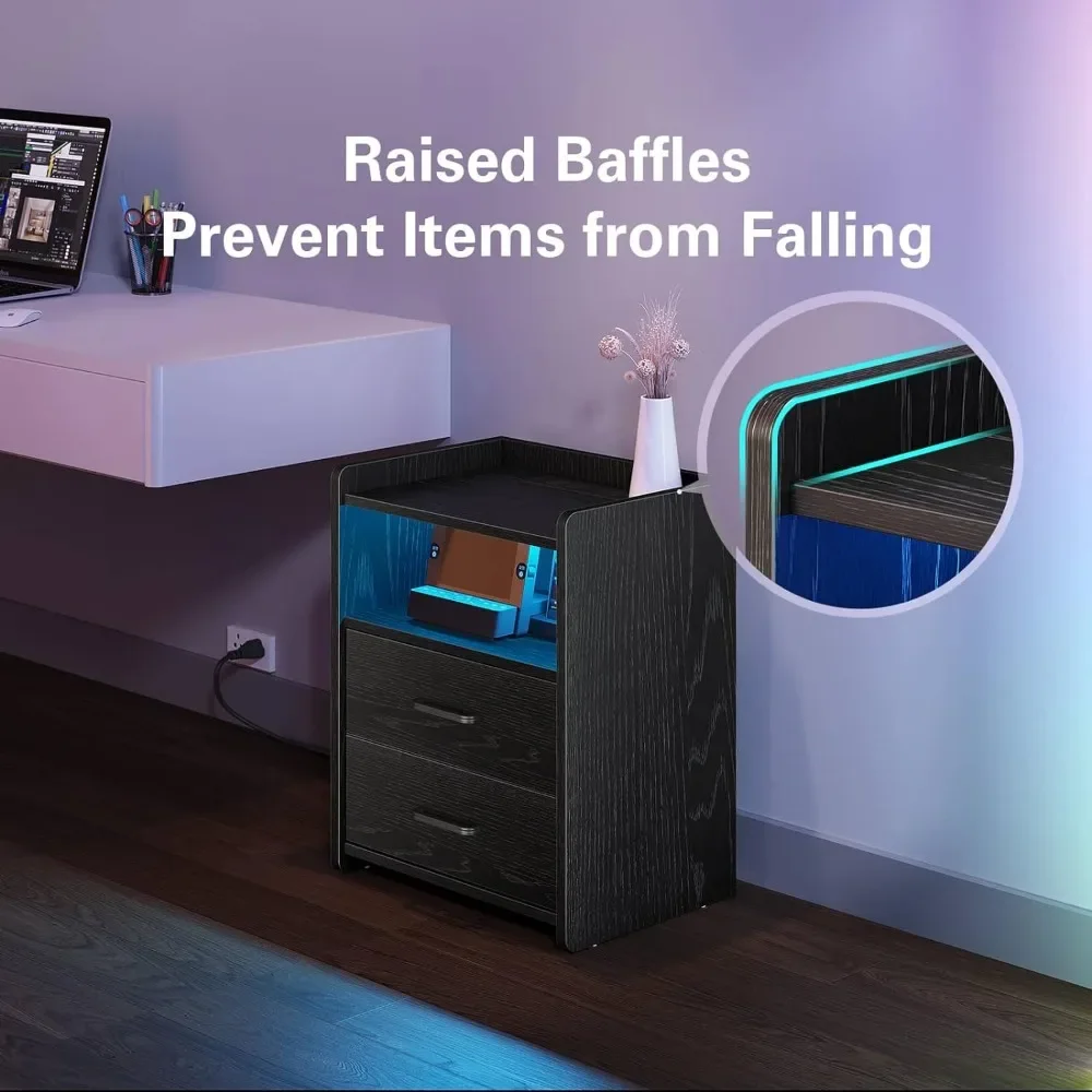 Nightstand with Charging Stake and LED Light Strip with 2 Drawers, Bedroom Side Table Nightstand