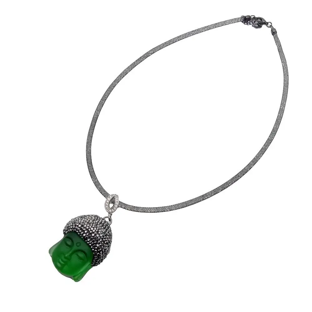 

Y.YING Green Quartz Carved Buddha Pendant Black Rhinestone Pave Choker Necklace Jewelry Gift