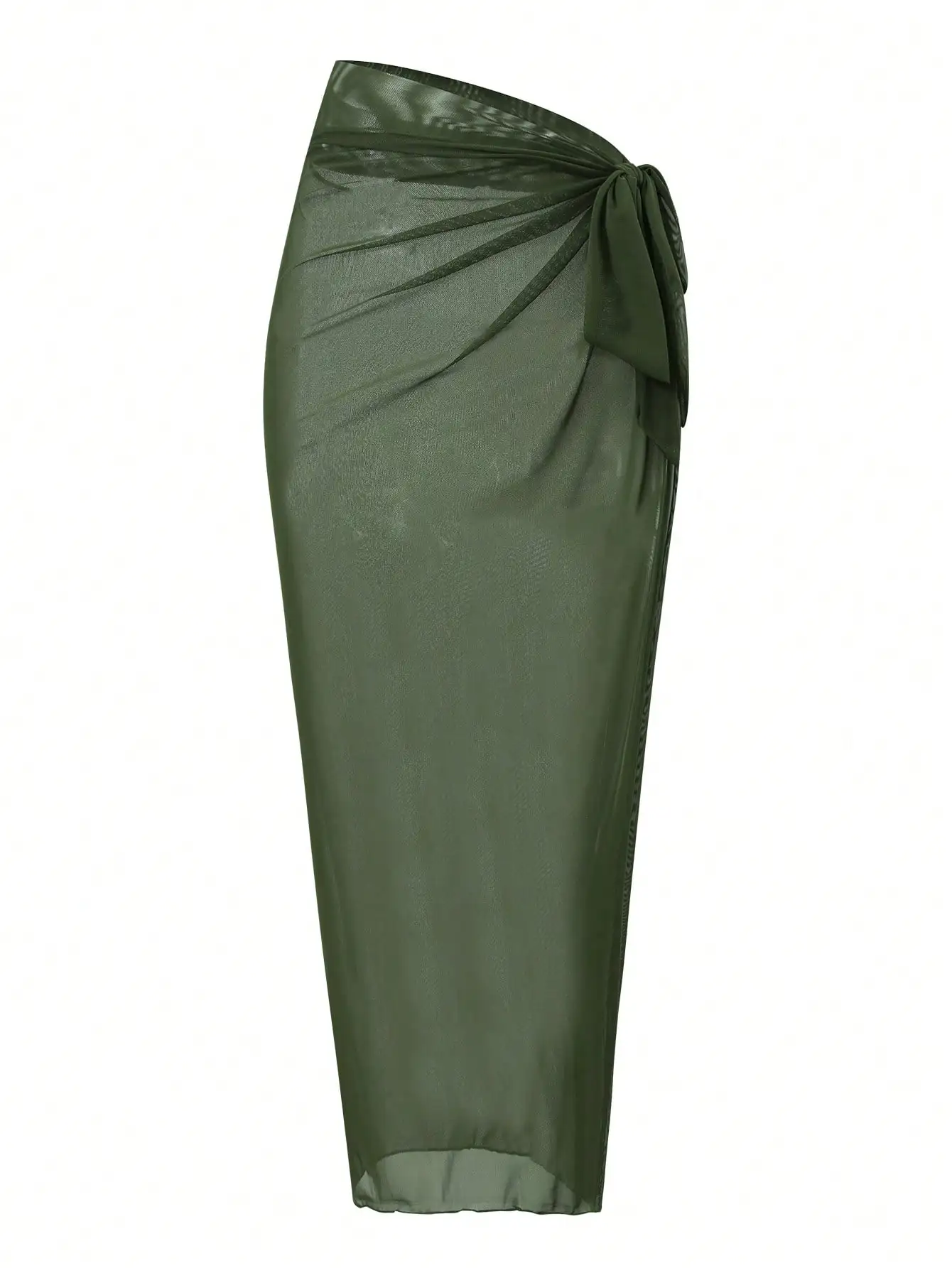 

Оливково-зеленая полупрозрачная юбка-накидка из сетки в сочетании с однотонным цельным купальником для пляжного отдыха.