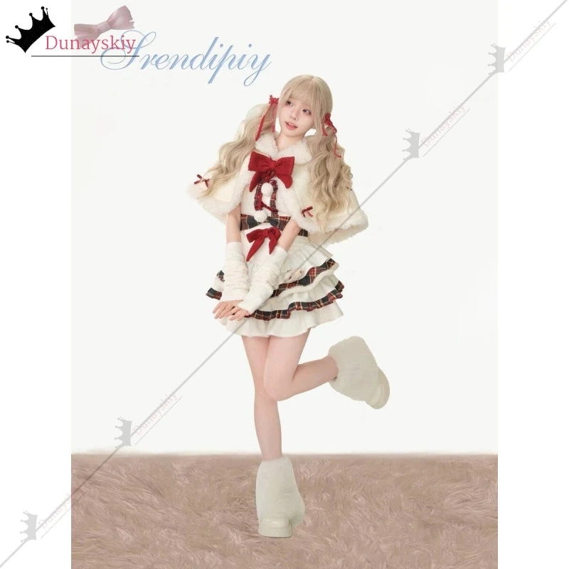 2024 Winter Christmas Robe KAWAII Lolita Dress Sweet Plush Bow Cape Coat Strap Cake Skirt Set Christmas XMAS Party Uniformed