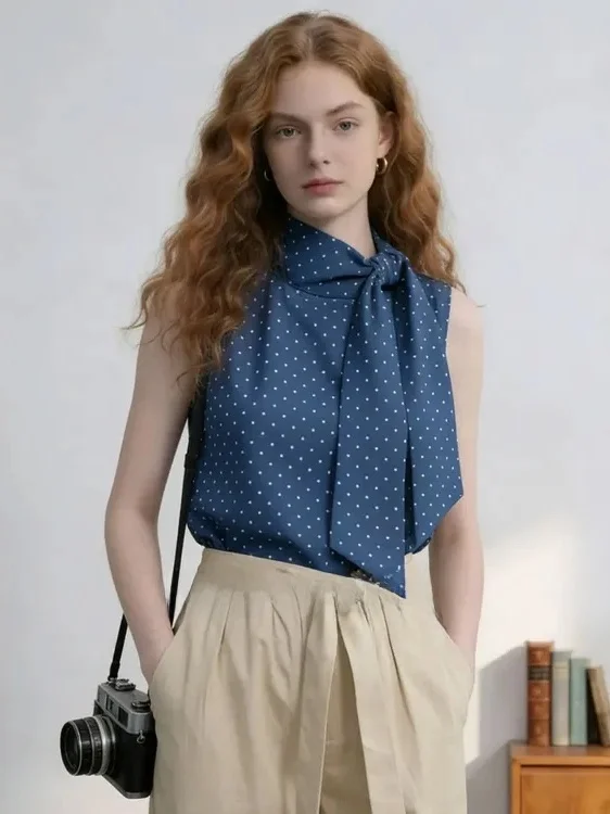 

Элегантная женская блузка без рукавов в горошек с завязками на талии, летняя новинка в гонконгском стиле, дышащая, приятная к телу, для повседневной носки