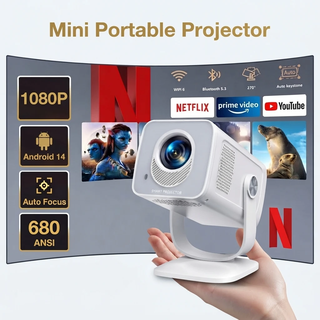 Toptro Mini-Projektor 4K Full HD 1080P WiFi6 Autofokus & 270 °   Drehbarer Android 14 Tragbarer Projektor für Heimkino und Outdoor