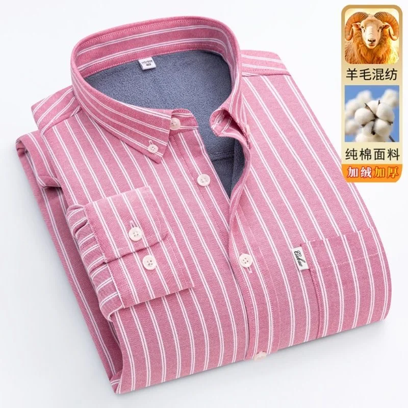 New Autumn and Winter Trendy Striped Fleece-Lined Thickened Warm Shirt Men's Casual Loose Plus Size High-Quality Long-Slee Shirt