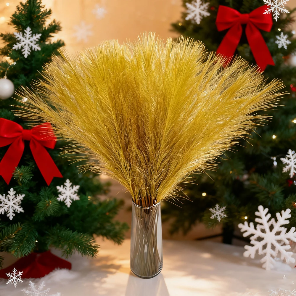 Glitzernde goldene Pampasgras-Kunstblumen, 5/10/20 Stück, künstliche Pampassträuße für goldene Hochzeit, Party, Weihnachten, Heimdekoration – Detail 2