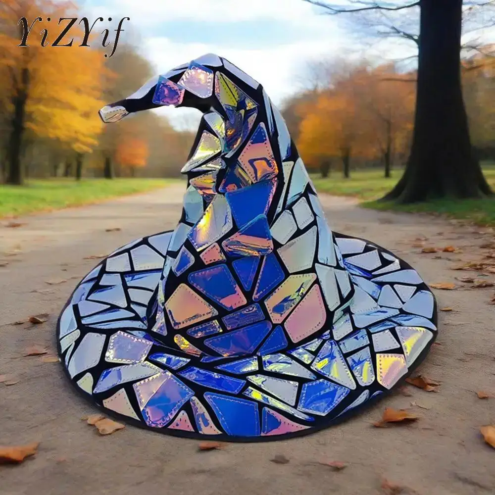 

Colorful Mirror Hat Music Carnival Rave Party Stage Cyber Pointed Witch Hat for Women Roleplay Halloween Carnival Accessory Prop