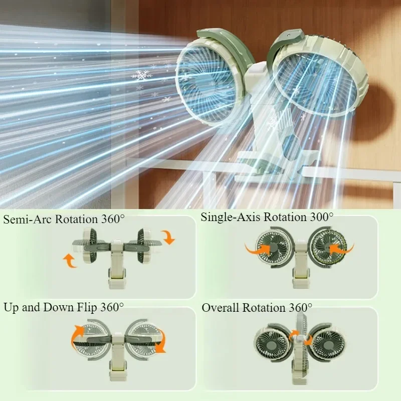 Dual Head Clip Fan, 360° Rotatable USB Rechargeable Cooling Fan, 3 Speeds & 2 Light Modes, 4000mAh Portable Desktop Fan F7311