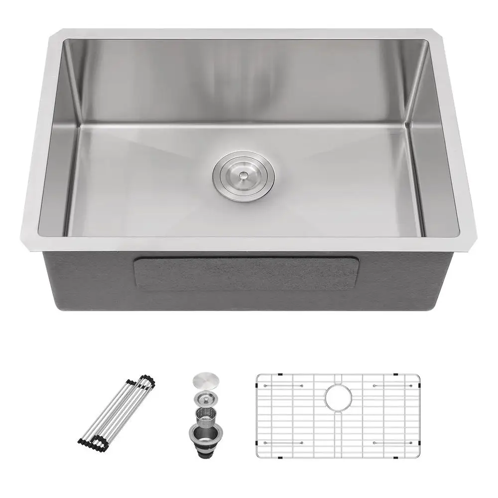 Évier de cuisine sous plan en acier inoxydable brossé de 27 pouces, bol simple avec drainage rapide, grands articles et fonctionnement silencieux inclus