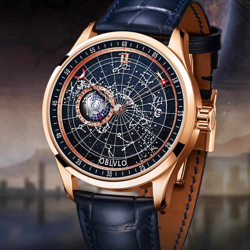 OBLVLO Men Automatic Watch 41MM Mechanical Wristwatch 50m Waterproof Sapphire Luminous Rotatable Constellation Dial Miyota 8215