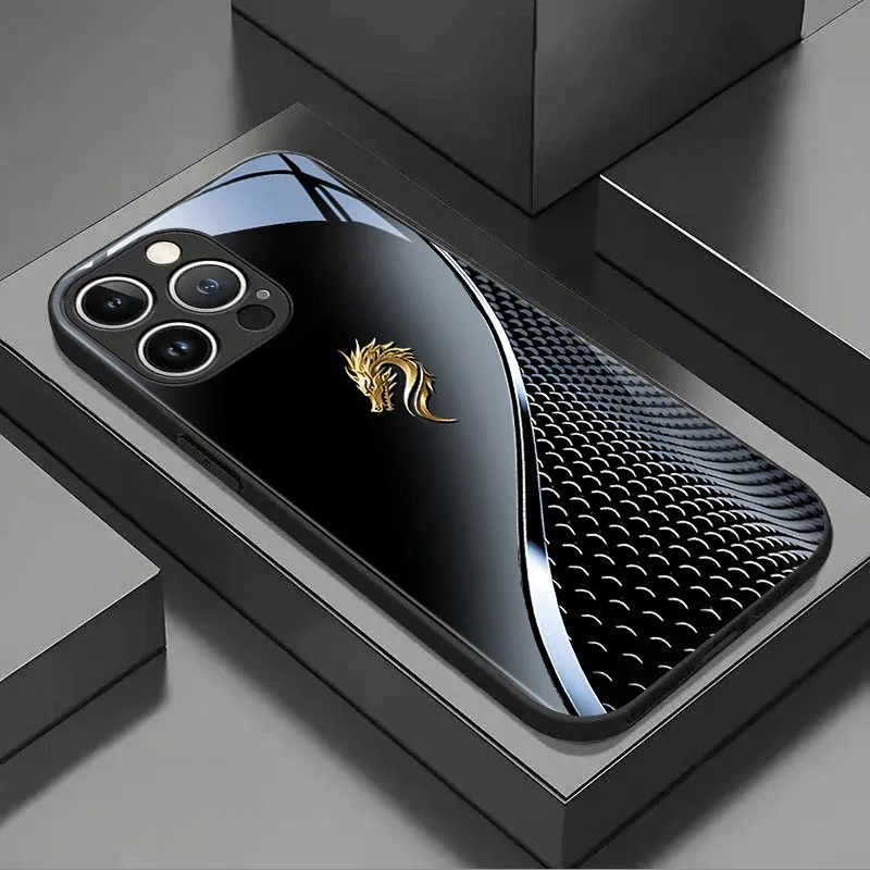 

Black Silver Gold Dragon Head Pattern Glass Phone Case For iPhone 17 16 15 Pro Max 14 13 12 11 16E 17Air 7 8 Plus XR XS X Cover