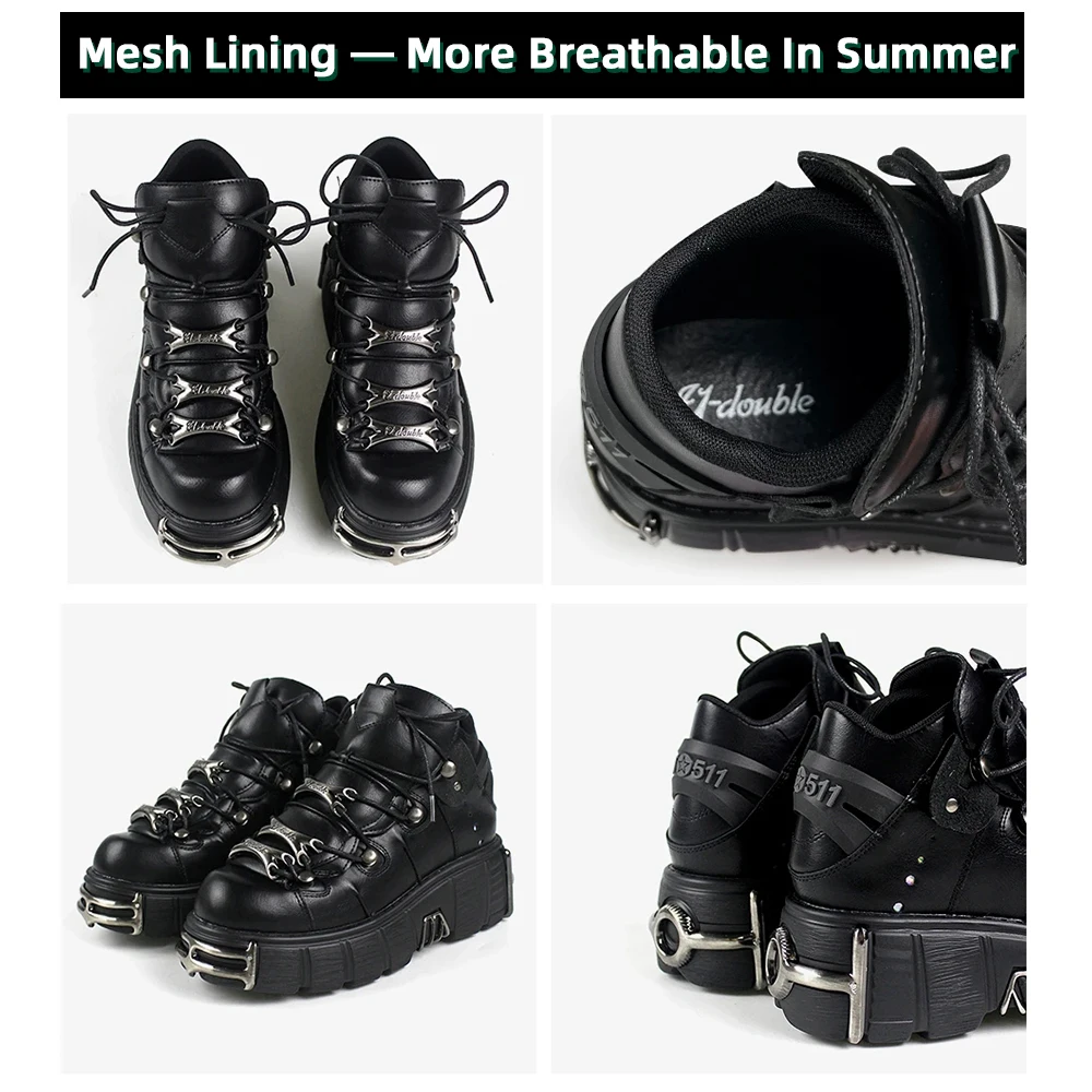 2024 Nieuwe Punkstijl Damesschoenen Met Veters Hakhoogte 6Cm Plateauzolen Vrouw Gothic Enkel Rocklaarzen Metal Decor Dames Sneakers