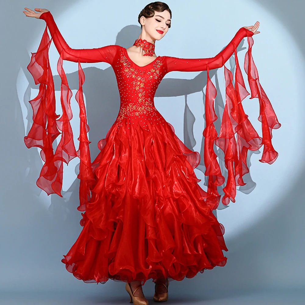 Abiti da ballo Abiti da competizione standard verde scuro Stelle filanti Abito da ballo da sala Torneo Costume di scena rosa Decalcomanie rosse