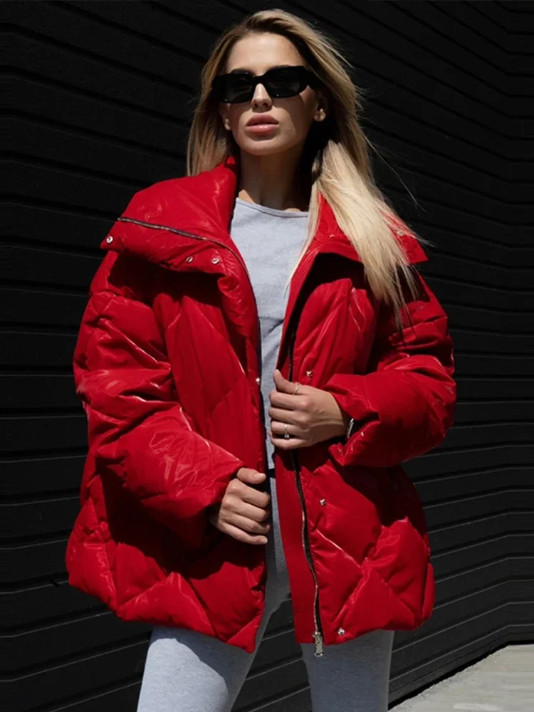 

Thick Women's Winter Jackets Quilted Turn-down Collar Oversize Coats Elegant Zipper Pocket Warm Outerwears 2024 Chic New In Coat