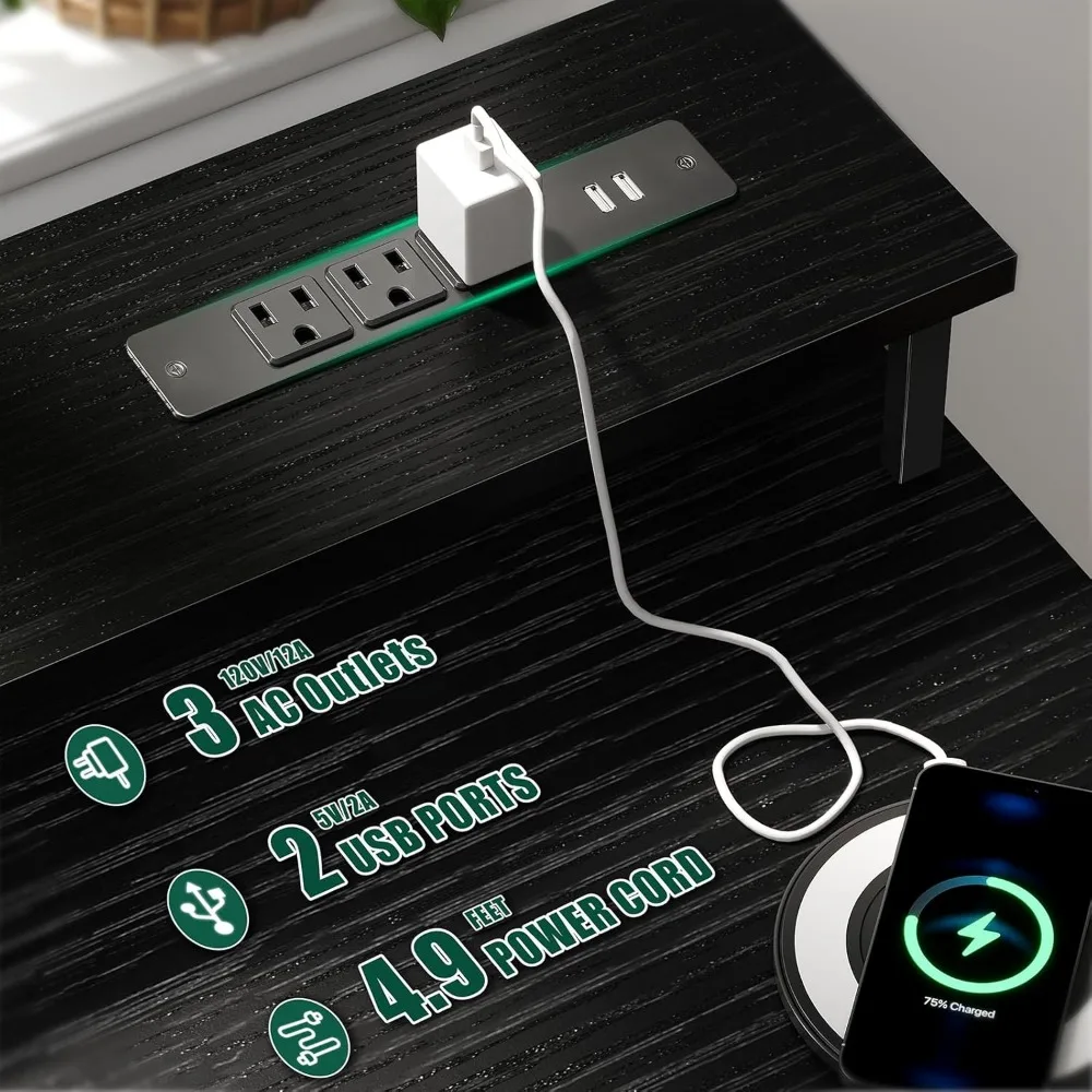 Bureau de jeu 55 pouces avec prises de courant, lumières LED, bureau de bureau réversible avec tiroirs en tissu réglables pour le travail