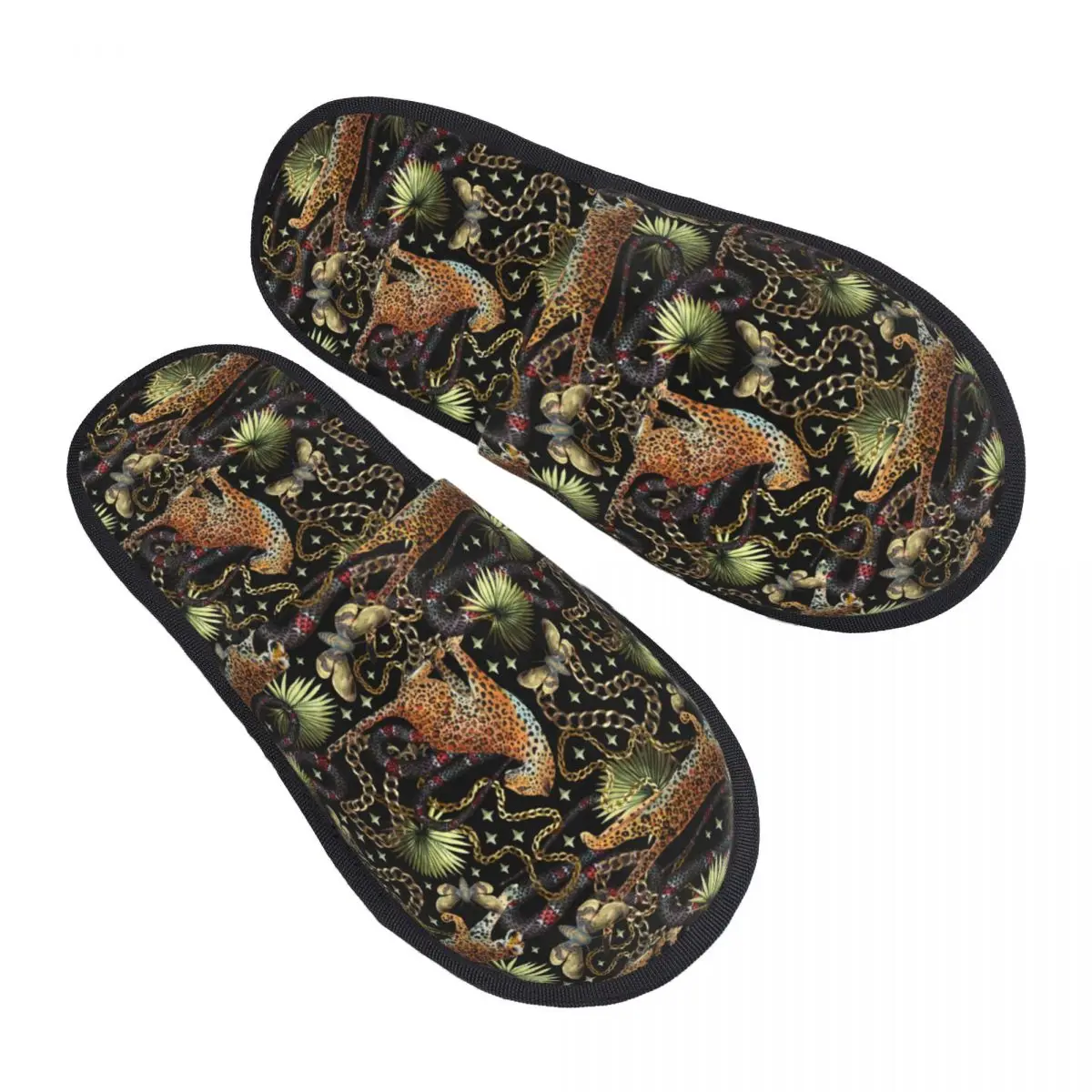 

Tropical Leaves Leopard Snake Baroque Luxury Winter Cotton Home Slippers Indoor Vintage Cozy Household Fur Slides Non Slip