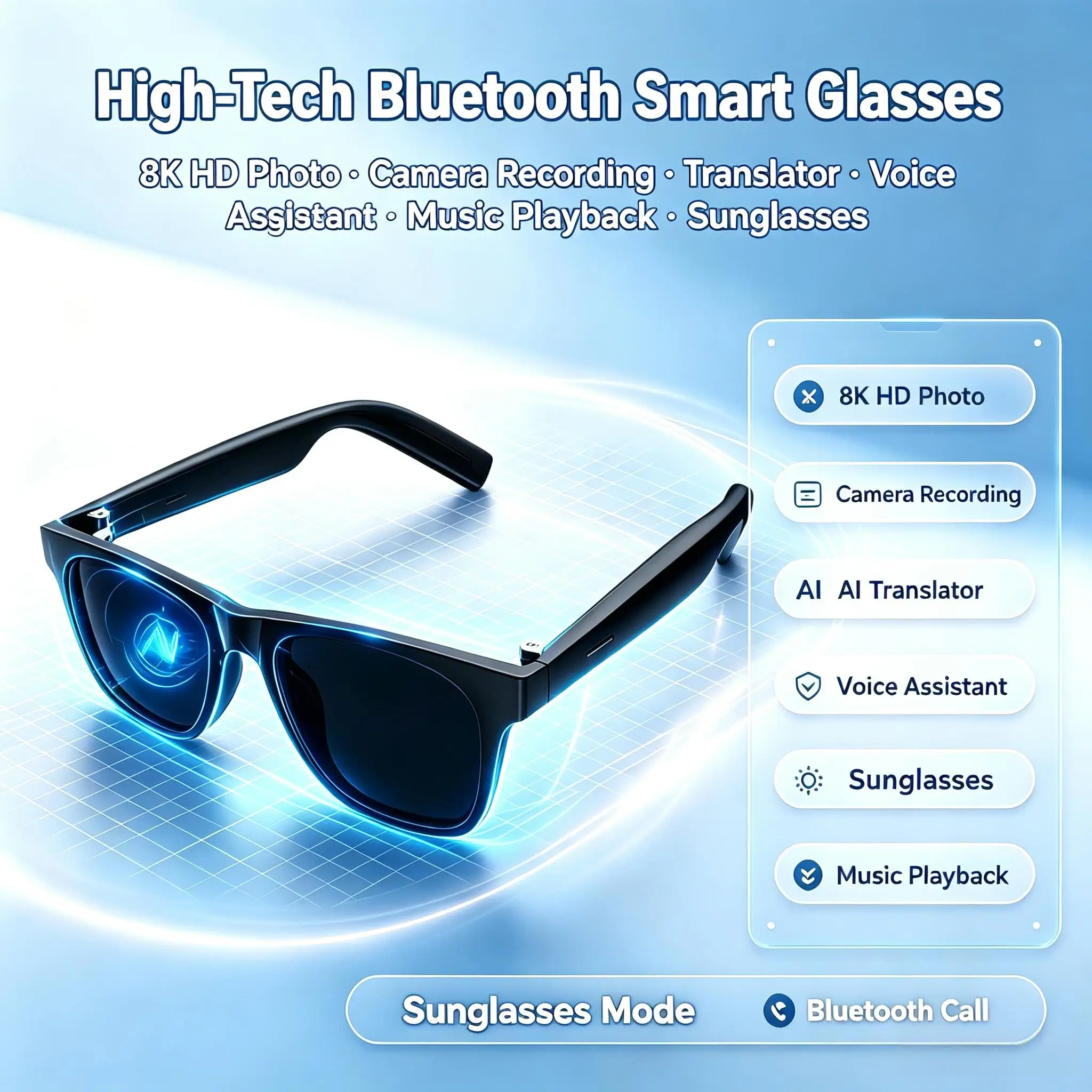 New High-Tech Bluetooth Smart Glasses with 8K HD Photo Camera Recording Translator Voice Assistant Music Playback Sunglasses
