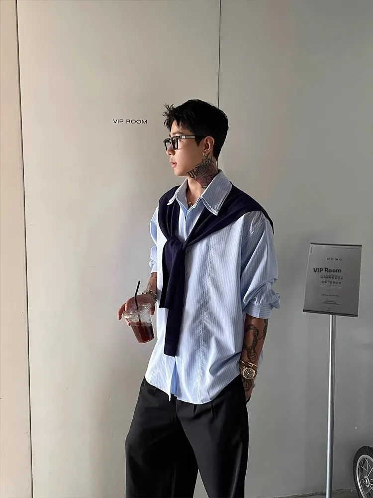 

OXFREAK Мужская одежда со съемным плечом Long Sve, свободная посадка в полоску, повседневная осенняя одежда из полиэфирного волокна