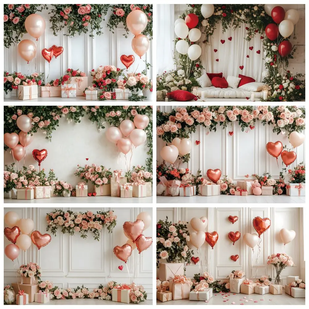 Zoete Valentijnsdag Achtergrond Witte Muur Bloemen Ballonnen Liefde Hart Geschenken Dozen Voorstellen Bruid Portret Fotografie Achtergrond