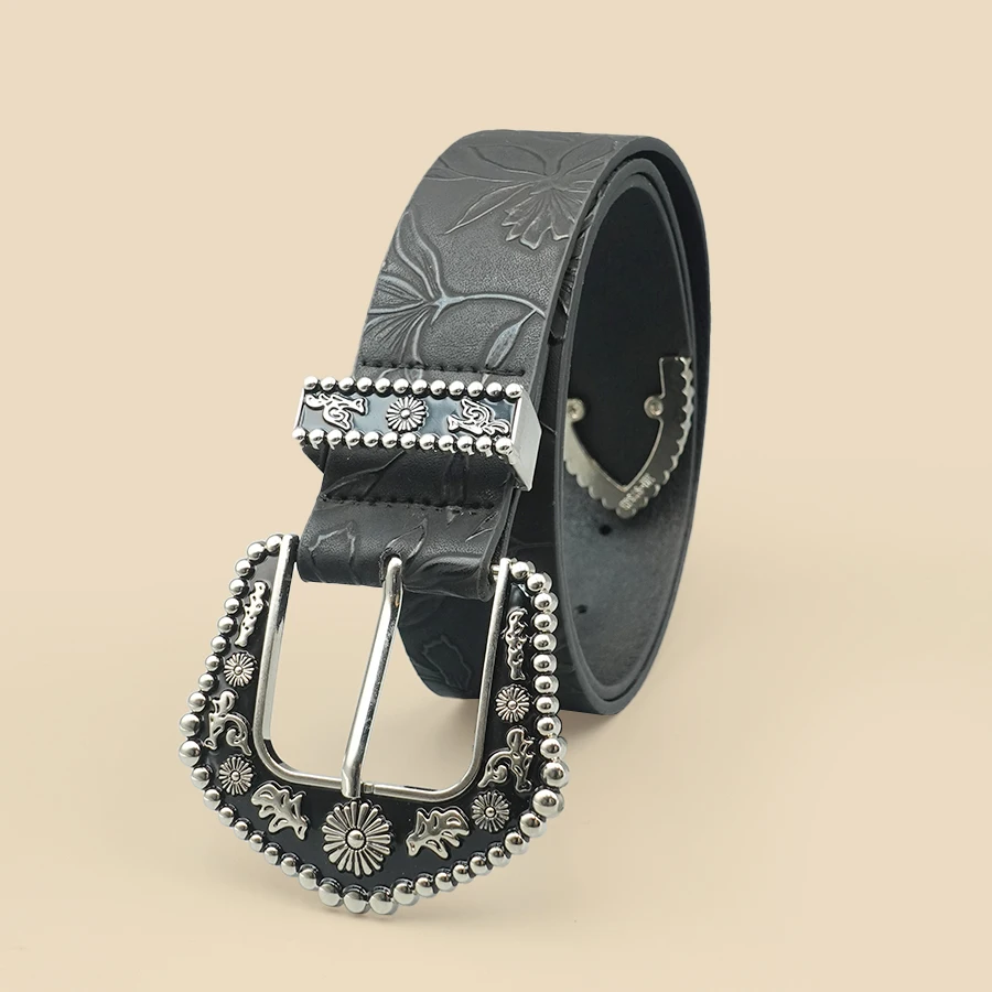 حزام نسائي غربي أنيق عتيق - إبزيم منحوت أسود عصري مع طباعة أوراق رقيقة، زخرفة كلاسيكية غير رسمية