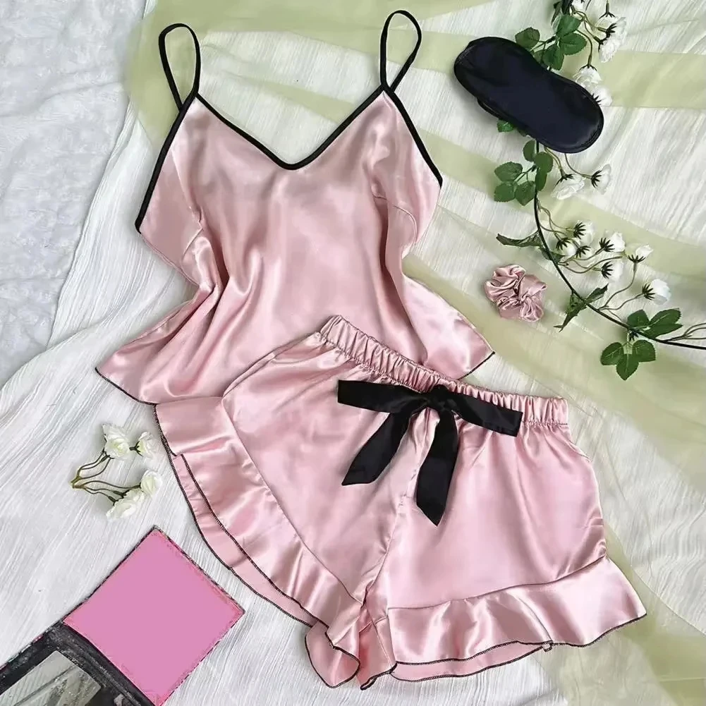 Women's Smooth Satin Pajamas V-Neck T-Shirt Ruffled Edges And Bow Shorts Simple And Breathable Pajama Set Sling Home Clothing