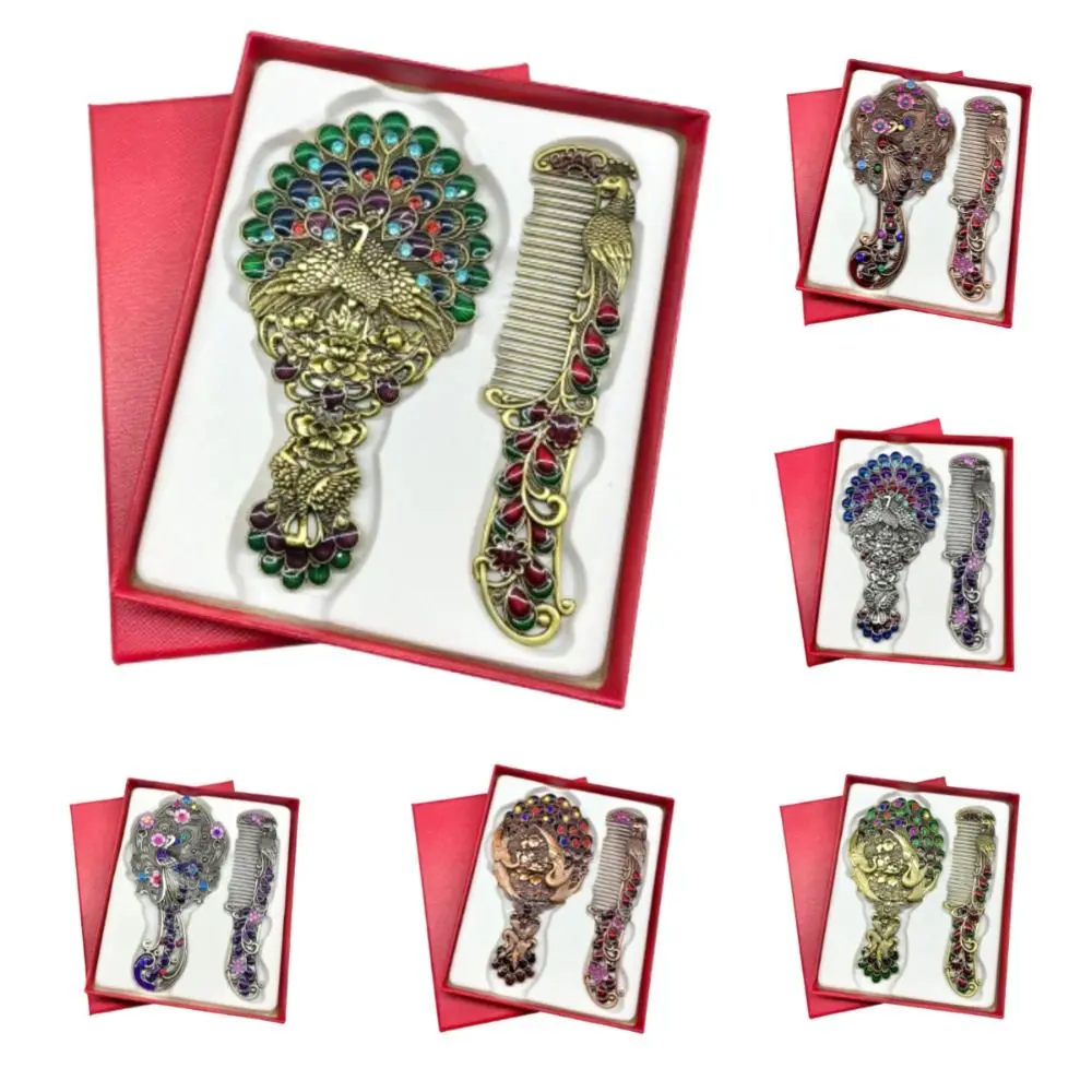 Miroir de maquillage paon Portable, ensemble de peignes, miroir de maquillage princesse Vintage à main avec boîte-cadeau avec peigne, miroir cosmétique