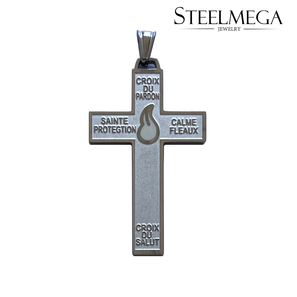 STEELMEGA Stainless Steel Pendant of Holy Cross of the Sons and Daughters of the Light, Cross of Forgiveness, enamel flame