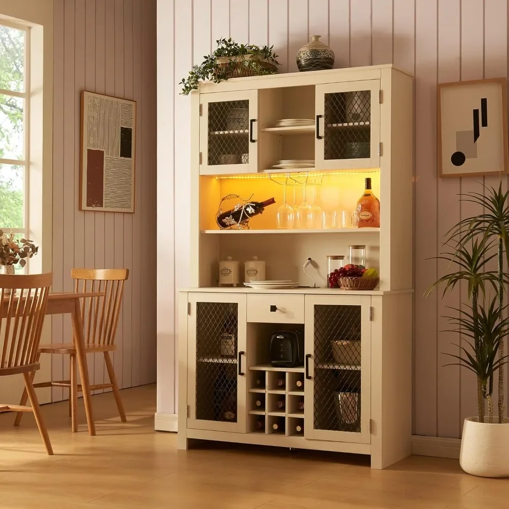 Armoire à vin avec lumière LED et sorties, étagère de rangement pour bouteille de vin T1, verre à vin T1, meuble de bar rustique, 70 po