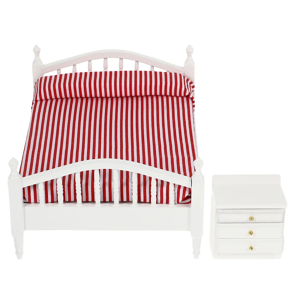 Dollhouse Double Bed Decorative Mini Nightstand Model Miniature Layout Ornaments Furniture Bedside Table Toy