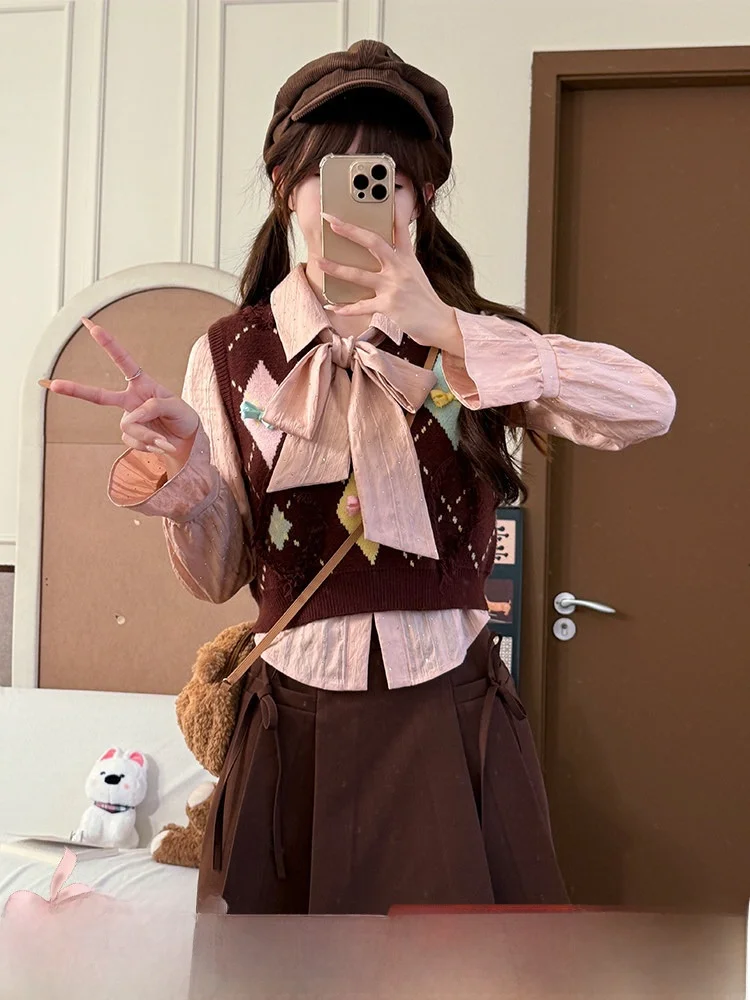 

Женский комплект футболок Academy Sle, вязаный свитер, жилет и юбка, розовый ирт-узел, осенний ансамбль Faion