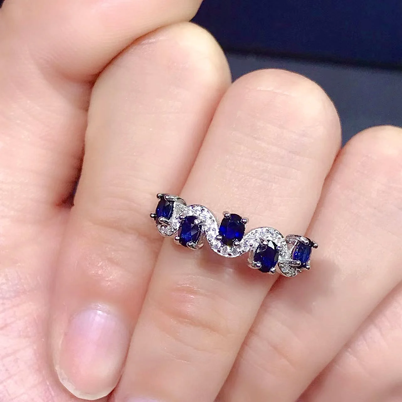 Sterling Silver Sapphire Ring for Office Woman 3mm*4mm Total 0.75ct Natural Chinese Sapphire Ring with Gold Palting