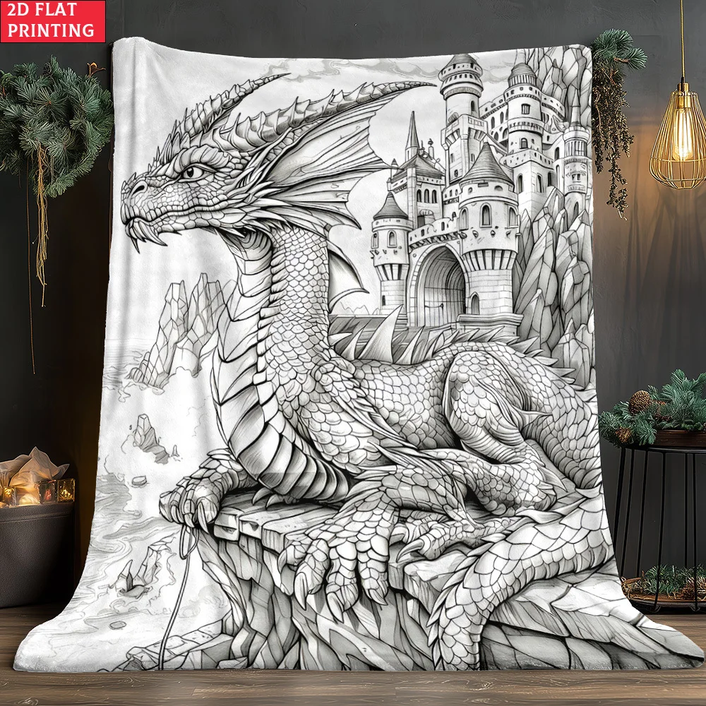 Oversized Dragon Fantasy Castle Art Blanket Throw Polyester Bed Cover Decoration Illustration Gift for Boyfriend Girlfriend