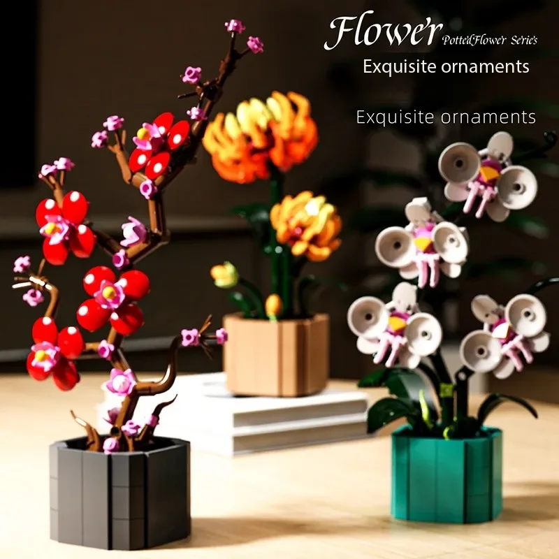 Girassol pássaro do paraíso vaso casa decoração criatividade moc modelo tijolos diy flores bloco de construção presentes para crianças meninas