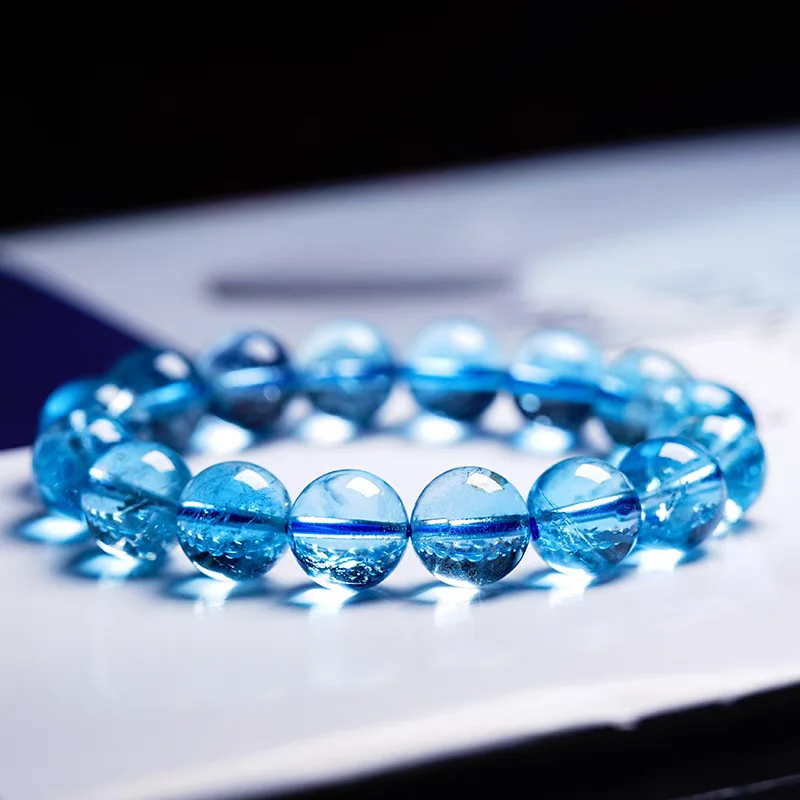 Natural Blue Topaz Round Beads Bracelet 10.5mm Woman Men Crystal Genuine Blue Topaz Stretch AAAAAA