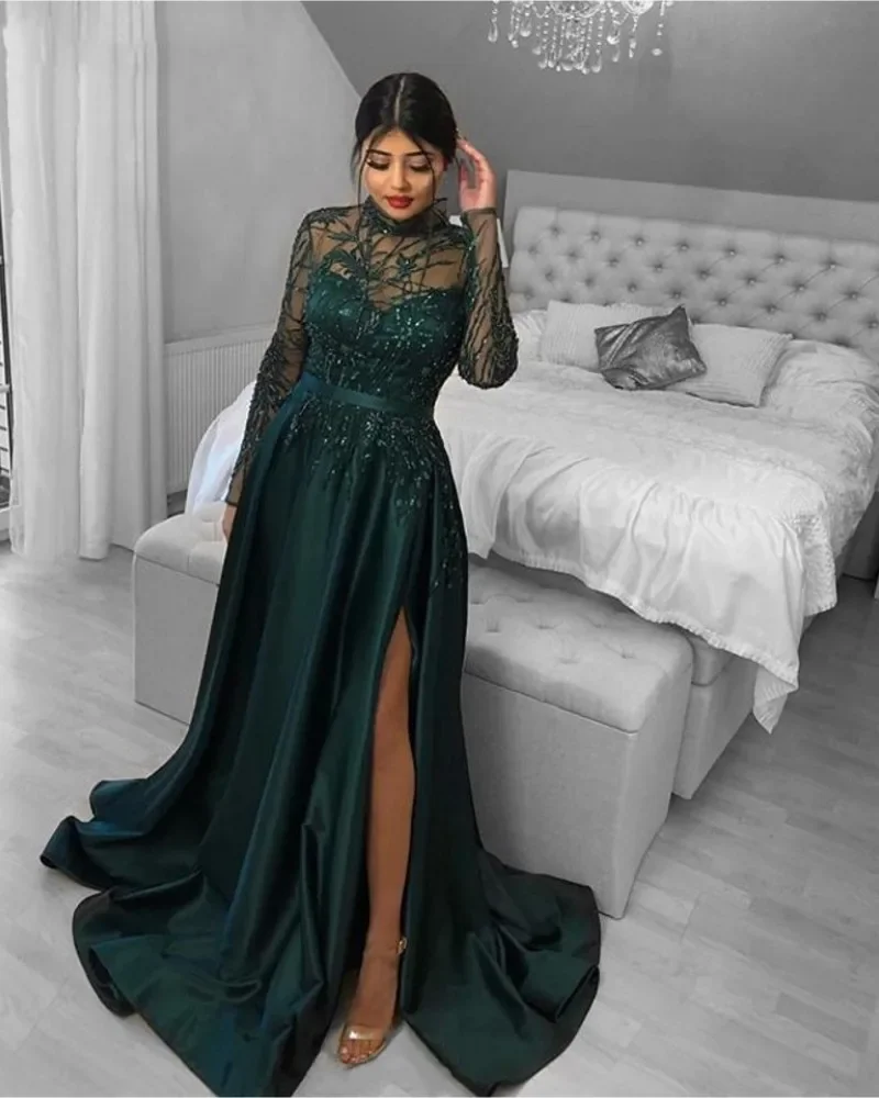 2023 A-Line Split Satin Sexy Party Prom Gowns Robe De Soiree Long Sleeve Lace Beaded Emerald Green Evening Dresses