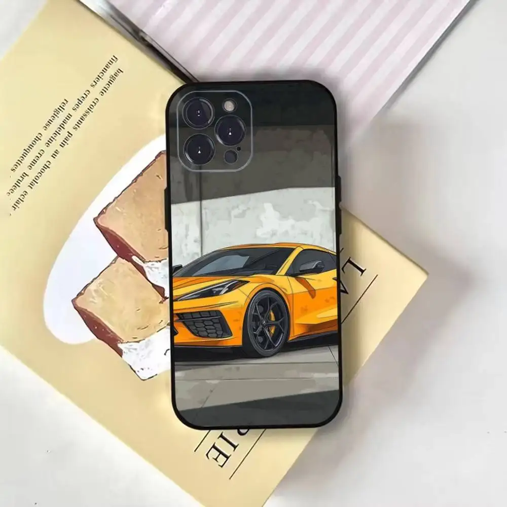 حافظة هاتف عصرية رائعة C-CorvetteS C8 C6 لهاتف iPhone16,15,14,13,12,11 Plus,Pro Max,XS,X,XR,SE,Mini,8,7,Soft Black Cover
