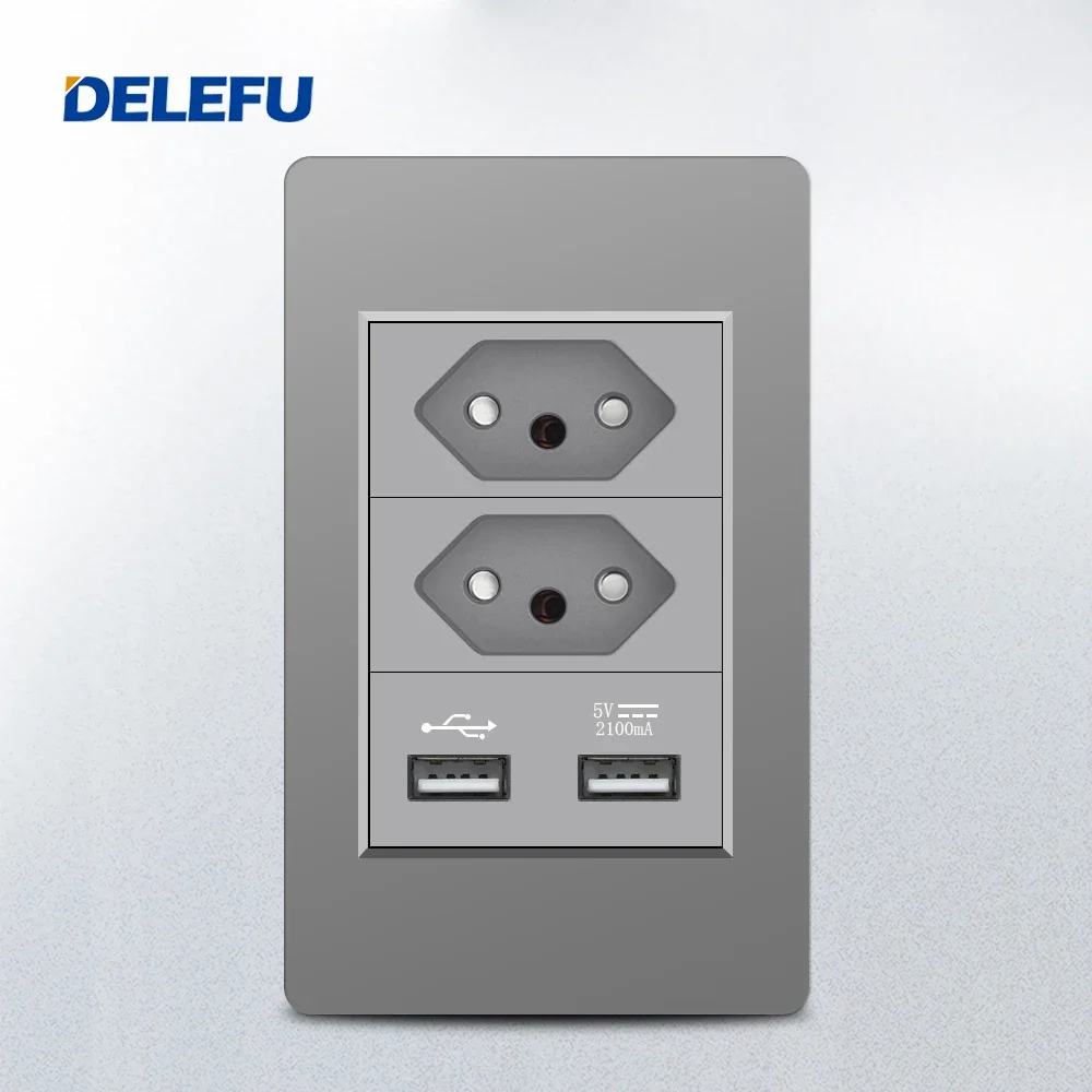 DELEFU Fireproof PC panel wall socket switch, Fast charging, USB, Brazilian standard socket, white, grey, black, Gold 10A, 20A,