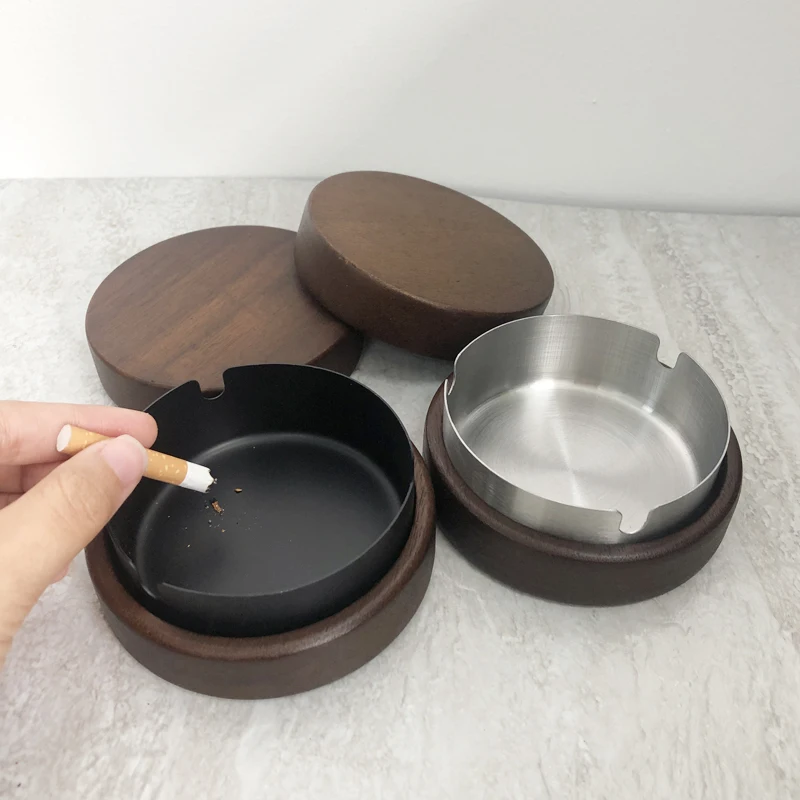 New Handmade Walnut Wood Anti-fly Ash Ashtray Portable With Cover Anti-slip Ash Tray For Home Heat Resistant Smoking accessories