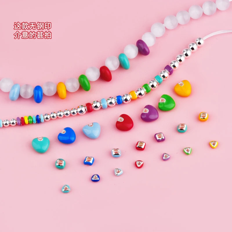 S925 Silver Dopamine Rainbow Color Triangular Square Heart Scattered Beads Bracelet Necklace diy accessory