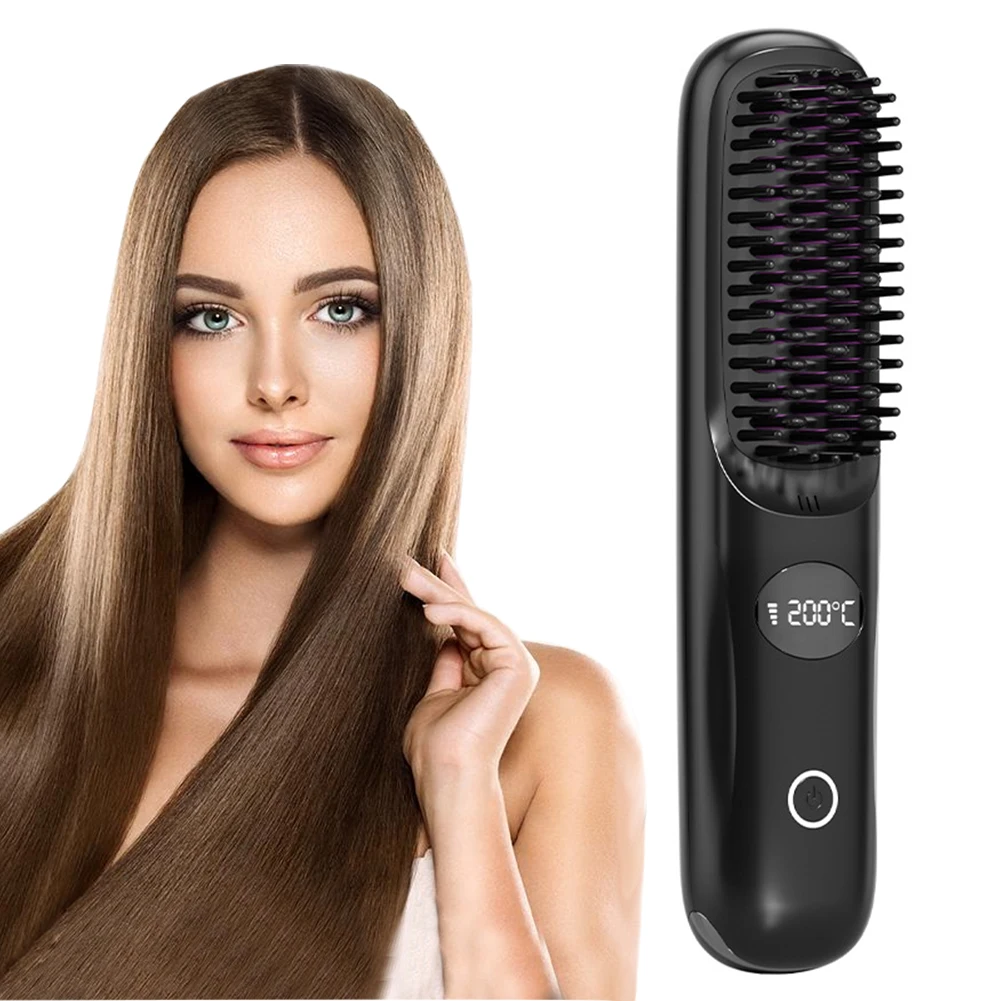 Cordless Hair Straightening Brush Straightener 3 Temp Settings 160-200C° Portable Straightening Comb for Smooth Frizz-Free Hair