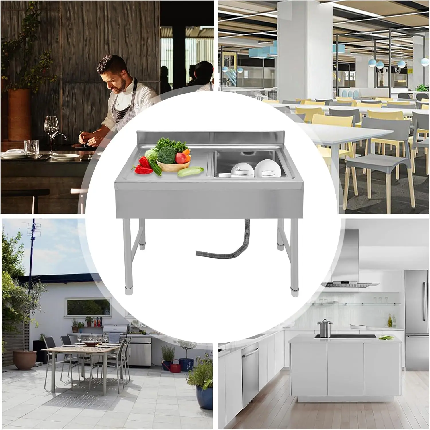 100 x 50 Gewerbliche Spüle, Edelstahl-Küchenspülen-Set, Spülenset, Spüle W | Seifenspender, Schläuche, Saugnapf, abgewinkelter Abfluss