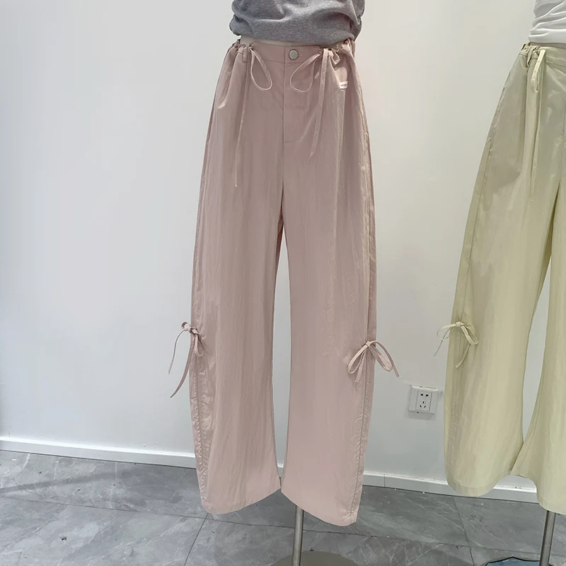 Bomon Y2K Fashion Simple Solid Color 2000s Loose Wide Leg Casual Pants Women's Clothing New Bow Lace-Up Sports Style Cargo Pants