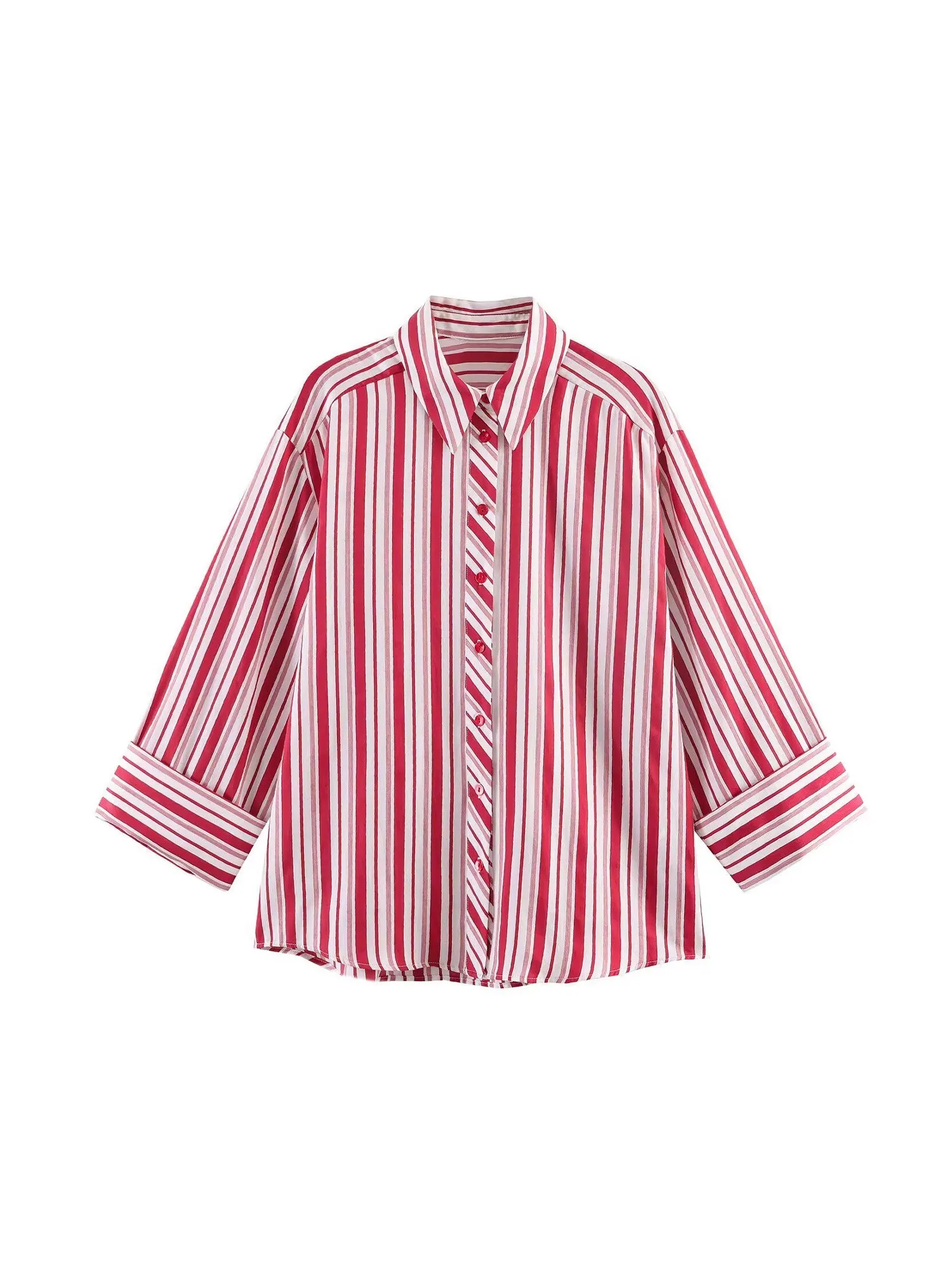 Women's Red Striped Blouses and Shirts Vintage 2000s Elegant Y2k Long Sleeve Polo-Neck Shirt For Women Clothes Spring 2026 New