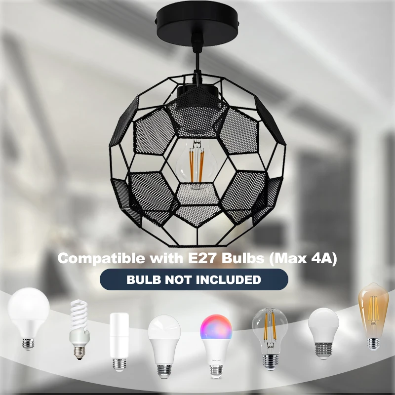 Pendant Light Vintage Metal E27 Industrial Metal Ceiling Lamp Shade Football Hanging Light for Kitchen Dining Room (No Bulbs)