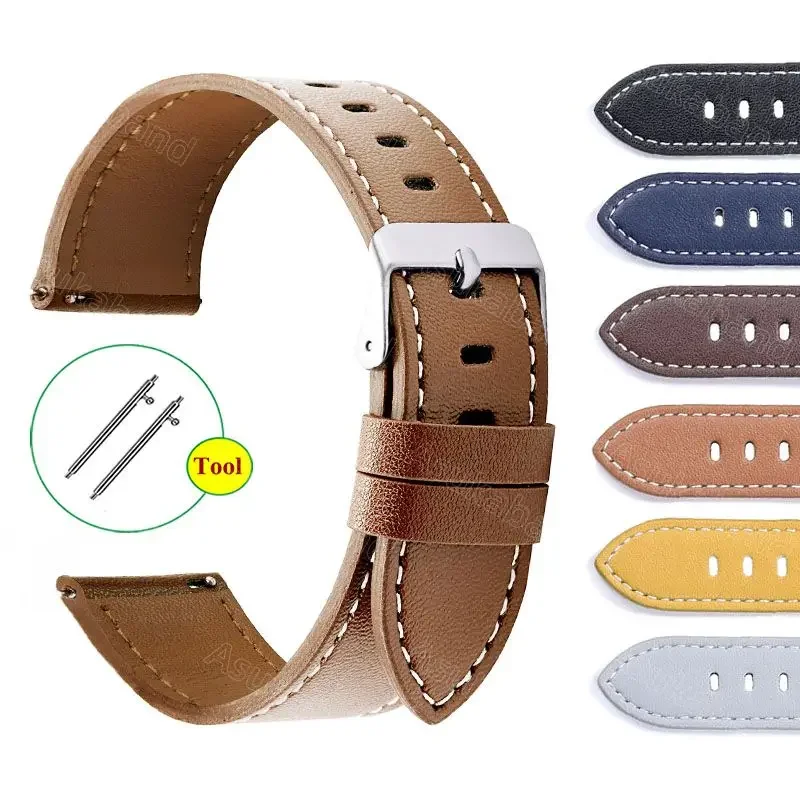 Bracelet de montre en cuir bleu, ceinture de poignet, bracelet pour Huawei GT 2, 3 Pro, Samsung Galaxy Watch 4, Amazfit GTR, 20mm, 22mm, nouveau