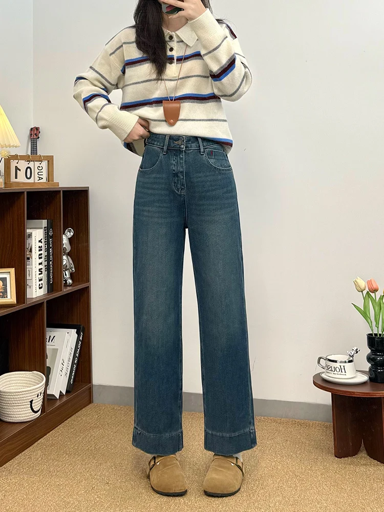 

Новые зимние джинсы больших размеров с высокой талией, облегающие джинсы Fce на подкладке, женские винтажные синие джинсовые брюки из Гонконга