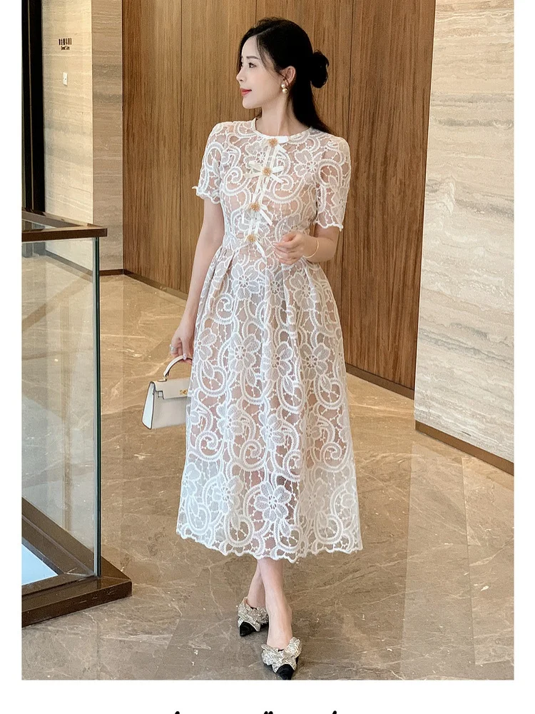 SMTHMA French High-End Super Beautiful Lace Long Dress Women\'s 2024 New Summer Light Luxury Vintage Elegant Runway Dresses