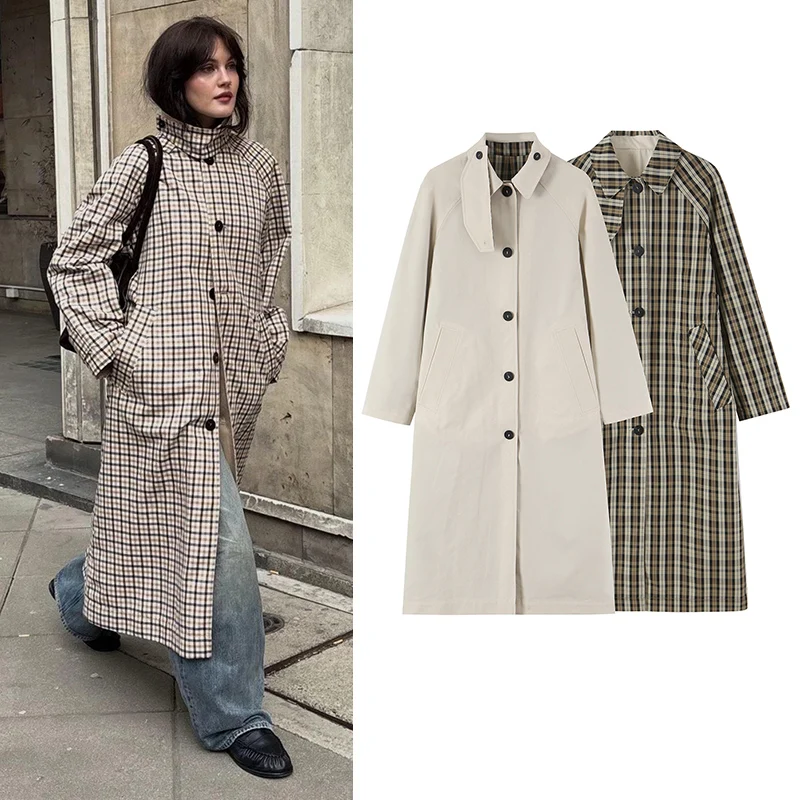 Women Versatile Reversible Trench Coat 2-in-1 Plaid Solid Long Jacket Loose Fit Lapel Windbreaker Practical Spring Autumn Coat
